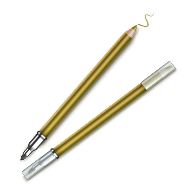 Vector Golden Double sided Cosmetic Makeup Eyeliner Pencils with Transparent Caps and sample stroke Isolated on White Background Vector Golden Double sided Cosmetic Makeup Eyeliner Pencils with Transparent Caps and sample stroke Isolated on Background eyeliner brush stock illustrations