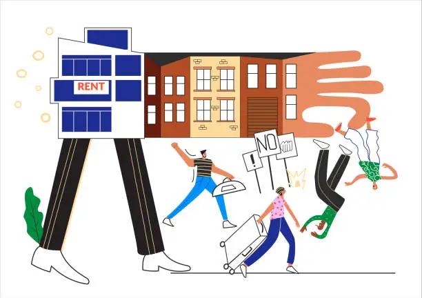 Vector illustration of Changing neighborhood. People are moving from neighbourhood to cheaper location.  Contrast between new modern buildings and old house. Gentrification protest. Flat vector cartoon illustration