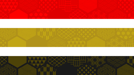 Horizontally long background illustration with various Japanese patterns for banners and subtitle backgrounds (red, gold, black and gold)