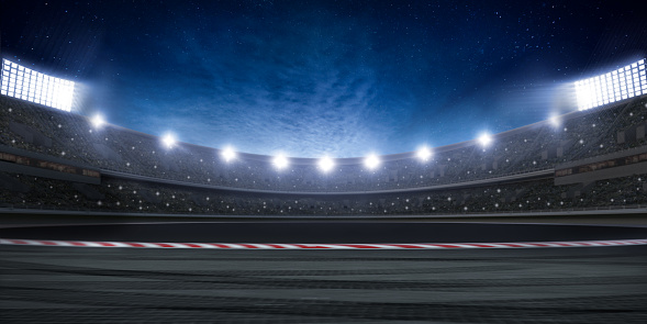Racing stadium at night. Many spotlights with lens flare. Stars and clouds on the sky. 3d render
