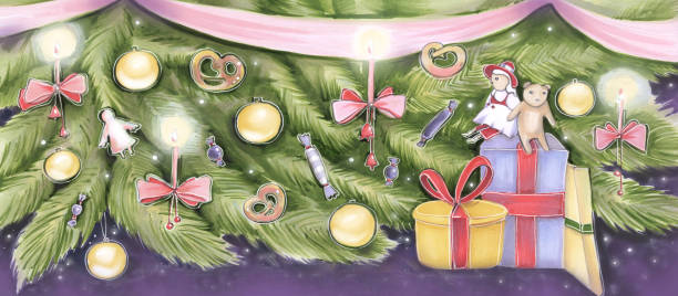 istock horizontal banner for social networks and sites new year spruce branches tree christmas toys yellow balls hand drawing meltic kids style markers watercolor sketch 1291724254