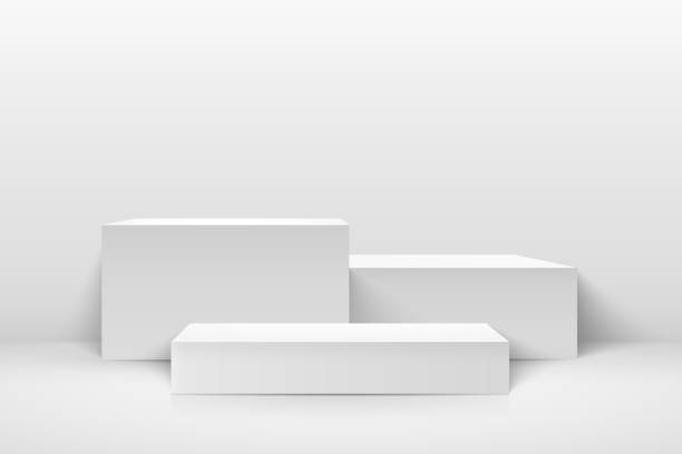 illustrations, cliparts, dessins animés et icônes de affichage abstrait de cube pour le produit sur le site web dans moderne. rendu de fond avec le podium et la scène blanche minimale de mur de texture, couleur grise de rendu 3d de forme géométrique. illustration vectorielle - podium