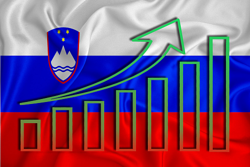 Slovenia flag with a graph of price increases for the country's currency. Rising prices for shares of companies and cryptocurrencies. Economic recovery concept.