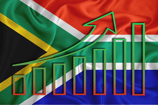 South Africa flag with a graph of price increases for the country's currency. Rising prices for shares of companies and cryptocurrencies. Economic recovery concept.