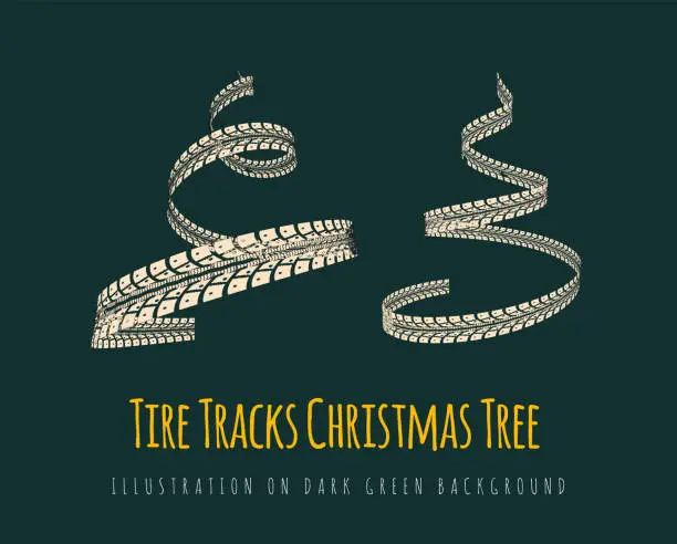 Vector illustration of New Year tree made of tire tracks twisted in a spiral shape. Vector 3d illustration on a dark green background.