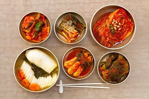 The most famous Korean food Kimchi set(napa cabbage, leaf mustard, turnip, green onion, whole radish, radish water ) in high quality brass tableware. Top view.