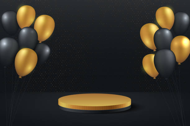 istock Luxury gold and black balloon background vector 3d rendering with cylynder podium. Black friday minimal rendered scene 3d with golden podium platform. stand to show product. Stage showcase background. 1291727265