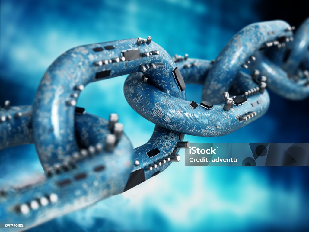 Electronic components on PCB textured chain parts. Blockchain and crypto currency concept Electronic components on PCB textured chain parts. Blockchain and crypto currency concept. Blockchain Stock Photo