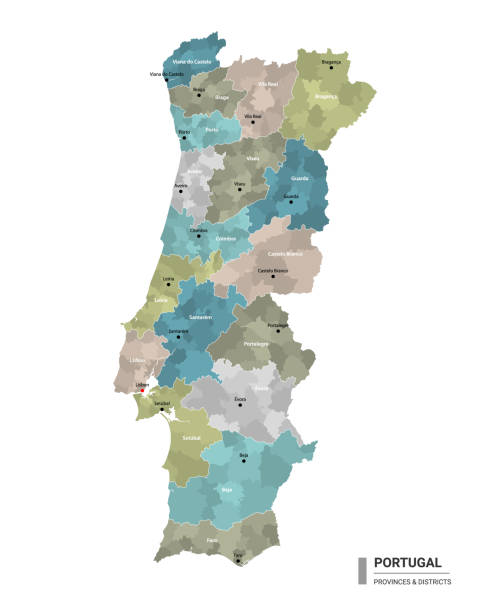 Portugal higt detailed map with subdivisions. Administrative map of Portugal with districts and cities name, colored by states and administrative districts. Vector illustration. Portugal higt detailed map with subdivisions. Administrative map of Portugal with districts and cities name, colored by states and administrative districts. Vector illustration. setúbal city portugal stock illustrations
