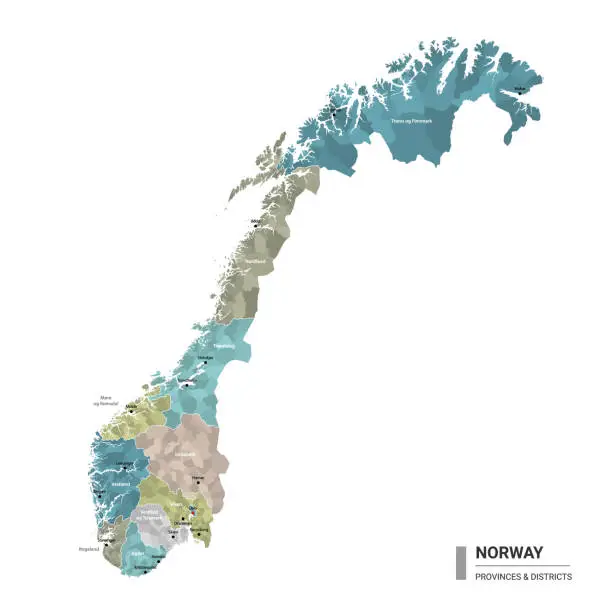 Vector illustration of Norway higt detailed map with subdivisions. Administrative map of Norway with districts and cities name, colored by states and administrative districts. Vector illustration.