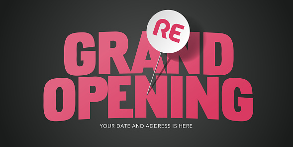 Grand opening or re opening vector background with pin. Template design element for opening or re-opening event can be used as advertising banner or backdrop