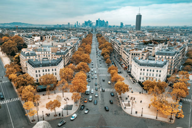 splendida vista autunnale dall'arco di trionfo, parigi, francia - arc de triomphe du carrousel foto e immagini stock