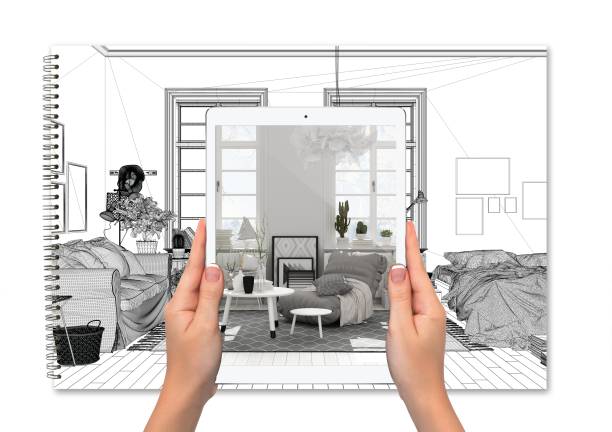 istock Hands holding tablet showing scandinavian living room, sofa, total blank project background, augmented reality concept, application to simulate furniture and interior design products 1291731637
