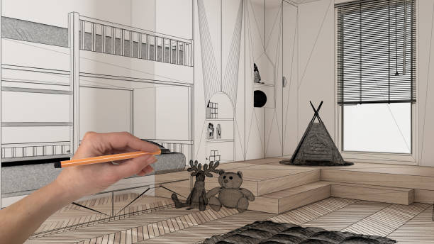istock Empty white interior with herringbone oak parquet floor, hand drawing custom architecture design, black ink sketch, blueprint showing modern children bedroom, concept, mock-up, idea 1291731710