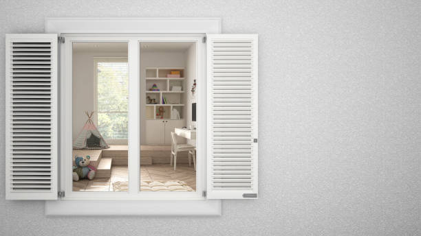 istock Exterior plaster wall with white window with shutters, showing interior modern children bedroom, blank background with copy space, architecture design concept idea, mockup template 1291731734