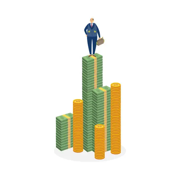 Vector illustration of Rich man standing on money pile - cartoon businessman on dollar bills