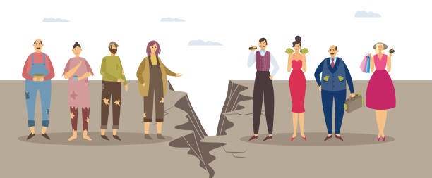 Imbalance, discrimination, inequality in human society a vector illustration Concept of imbalance, class discrimination and monetary inequality in human society. Gap between unlucky sad poor and happy successful rich people. Vector flat isolated illustration wealthy stock illustrations