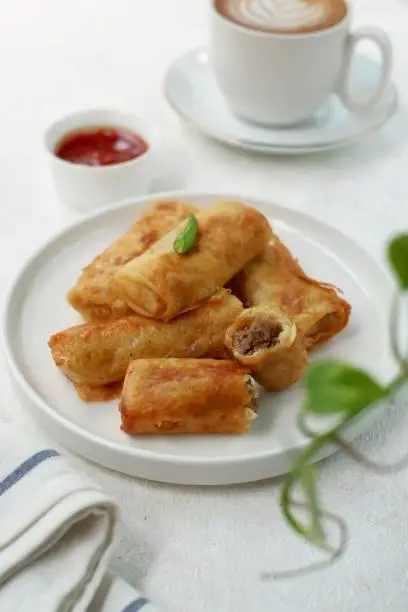 Risol is a traditional Indonesian food, made of spring rolls and filled with chopped meat, vegetables such as potatoes & carrots or vermicelli.