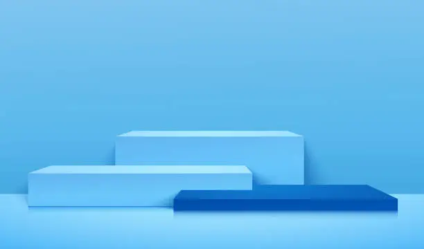 Vector illustration of Abstract banner background for advertise product. Empty cube podium studio blue background for product display with copy space. Minimal showroom shoot 3d render. Vector EPS10