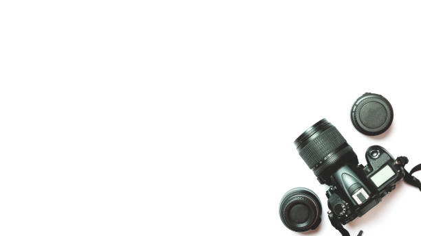top view of a digital camera, flash, accessories on a white background. Photo equipment. top view of a digital camera, flash, accessories on a white background. Photo equipment. Concept photography digital camera stock pictures, royalty-free photos & images
