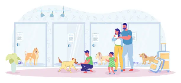 Vector illustration of Family Takes Dog out Hotel for Pets after Parting.