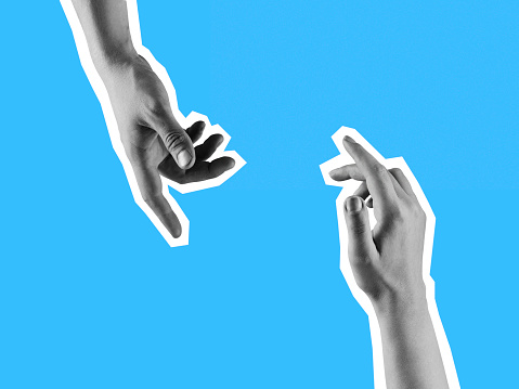 Two hands reaching towards each other isolated on blue background. Contemporary art collage. Memphis style poster concept. Stylish composition, youth culture, magazine style. Copyspace for ad.