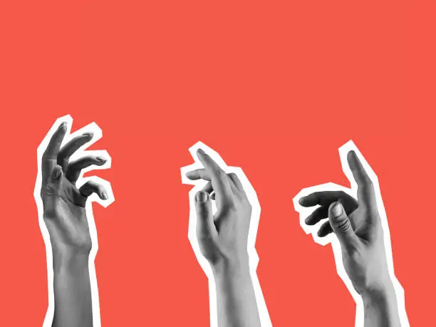 Photo of Three open hands showing their palm isolated on red background. Art collage.
