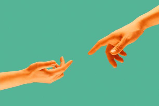 istock Touch of two hands isolated on light green background. Modern art collage. 1291738869