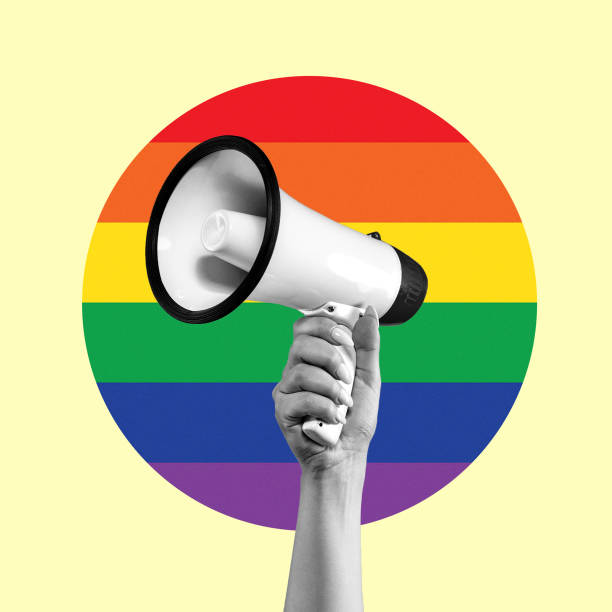 Art design. Female hand with megaphone isolated on LGBT flag background. Equal rights. Contemporary art collage of woman hand with megaphone isolated on LGBT flag background. Sign of pride, agreement, support concept. Beautiful human, female hand with copy space for ad. lgbtqia pride event photos stock pictures, royalty-free photos & images
