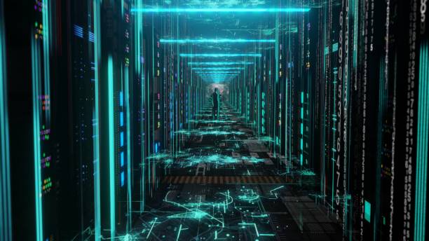 Man Moving Through Data Center with Server Racks LED Lights Man Moving Through Data Center with Server Racks LED Lights quantum photos stock pictures, royalty-free photos & images