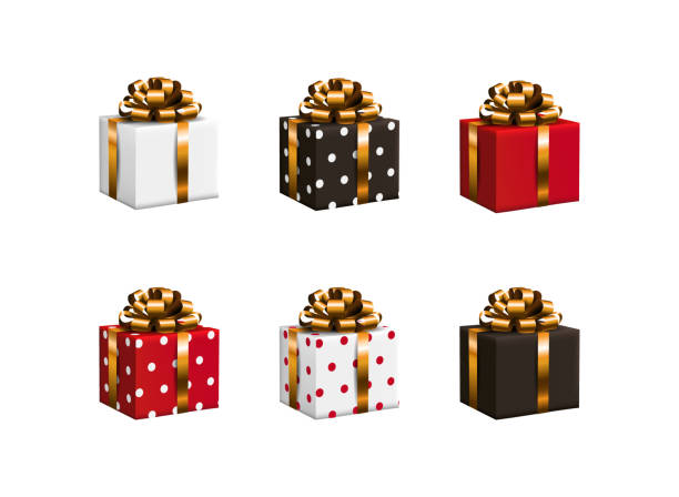 istock set of vector isolated gift boxes, white, red and black with gold bow. Use as a decoration for a greeting card or as a symbol of a holiday, an icon symbolizing an action. Realistic style, 3d 1291739968