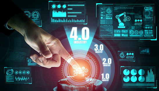 Engineering technology and industry 4.0 smart factory concept with icon graphic showing automation system by using robots and automated machinery controlled via internet network .