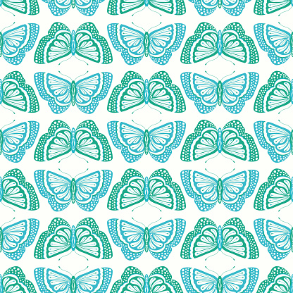 Butterly pattern design. Cute seamless repeat of blue and green butterflies. Nature insect background. Vector illustration