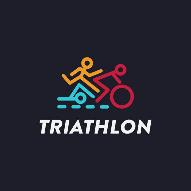 Minimalist Triathlon endurance multisport race, swimming, cycling, and running vector on dark background Minimalist Triathlon endurance multisport race, swimming, cycling, and running vector on dark background triathlon stock illustrations