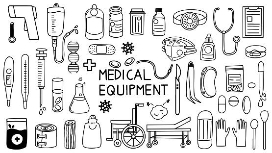 hand draw illustration vector doodle art, medical equipment and supplies, virus,syringe, n95 face mask,rubber gloves and ect.