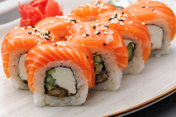 istock Philadelphia sushi roll on plate close up 1291744800