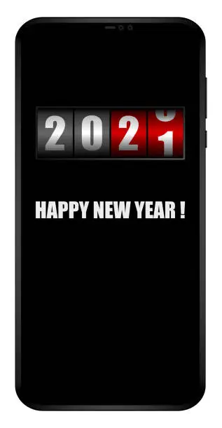 Vector illustration of Happy new year 2021 on mobile phone screen with counter vector greeting card