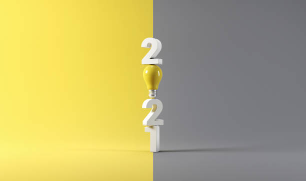 conceitos de inspiração de criatividade, ideia de lâmpada com ano novo de 2021 em fundo pantone amarelo e cinza. renderização 3d. - paleta de cores - fotografias e filmes do acervo