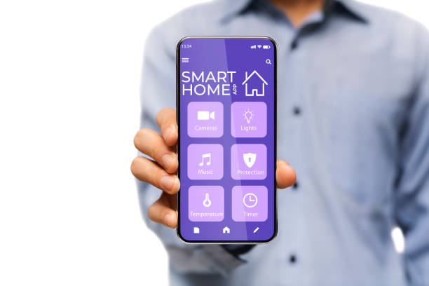 istock Unrecognizable young guy showing cellphone with smart home app digital interface over white background, copy space 1291747799