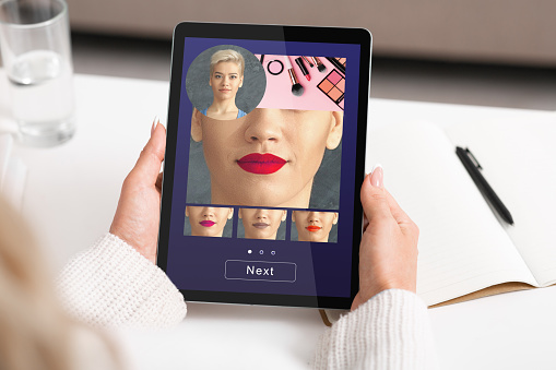 Woman Using Lipstick Color Makeup Simulation App On Digital Tablet, Creative Collage