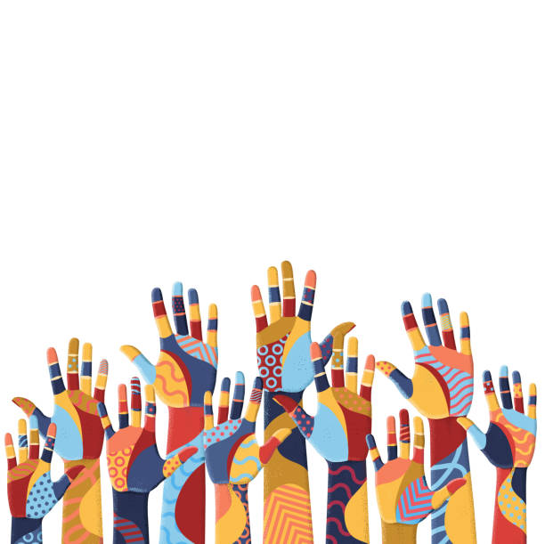 Colorful up hands. Volunteers. Vector illustration, an association, unity, partners, company, friendship, friends party background. Vector illustration Colorful up hands. Volunteers. Vector illustration, an association, unity, partners, company, friendship, friends party background. Vector illustration. Concept for design childrens rights stock illustrations