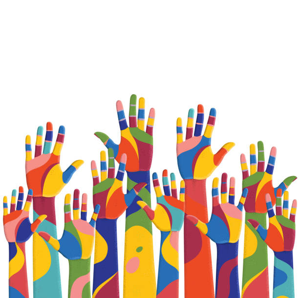 Colorful up hands. Volunteers. Vector illustration, an association, unity, partners, company, friendship, friends party background. Vector illustration Colorful up hands. Volunteers. Vector illustration, an association, unity, partners, company, friendship, friends party background. Vector illustration. Concept for design childrens rights stock illustrations