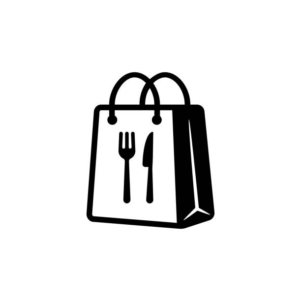Takeaway food symbol. Take away paper food bag icon. Daily meal in paper bag. Vector illustration Takeaway food symbol. Take away paper food bag icon. Daily meal in paper bag. Vector illustration junk food stock illustrations
