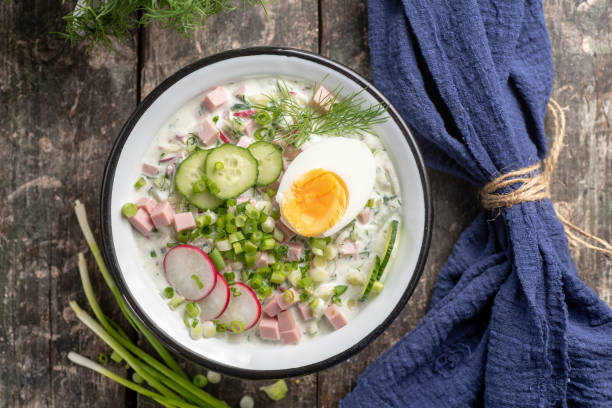 オキロカロシア料理の伝統料理。キュウリ、大根、卵、ディルの夏の軽い冷たいスープ。 - soup cold russian culture traditional culture ストックフォトと画像