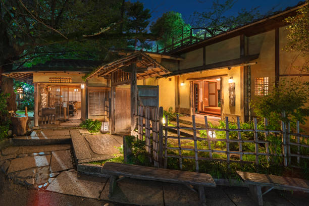 上野で花見の間の日本料理店inshoteiの夜のビデオ。 - 旅館 ストックフォトと画像
