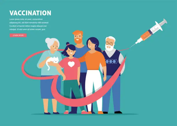 Vector illustration of Family Vaccination concept design. Time to vaccinate banner - syringe with vaccine for COVID-19, flu or influenza and a family