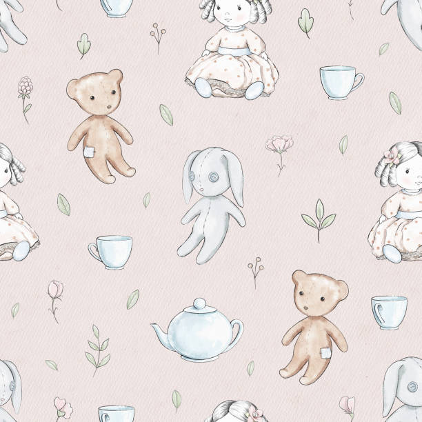 Watercolor seamless floral pattern with doll, bear, bunny and dishes on rose paper texture Seamless pattern with varied flowers, cartoon doll, bear, bunny and dishes isolated on pink paper background. Watercolor hand drawn illustration pink teddy bear stock illustrations