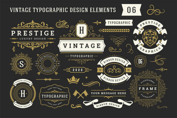 ilustraciones, imágenes clip art, dibujos animados e iconos de stock de elementos de diseño de ornamento decorativo tipográfico vintage establecen ilustración vectorial - retro