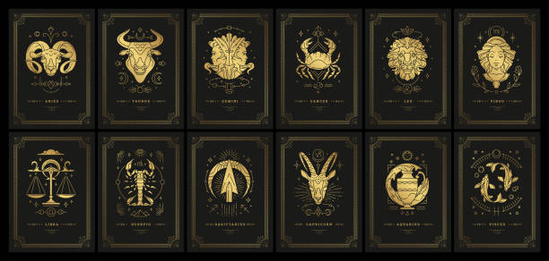 Zodiac astrology horoscope cards linocut silhouettes design vector illustrations set Zodiac astrology horoscope cards linocut silhouettes design vector illustrations set. Elegant symbols and icons of esoteric horoscope templates for wall print poster isolated on black background tattoo borders stock illustrations
