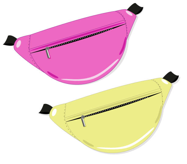 Fanny Pack. Vector flat illustration. Yellow and Pink belt bags with zipper. The background illustration is white. yellow belt stock illustrations